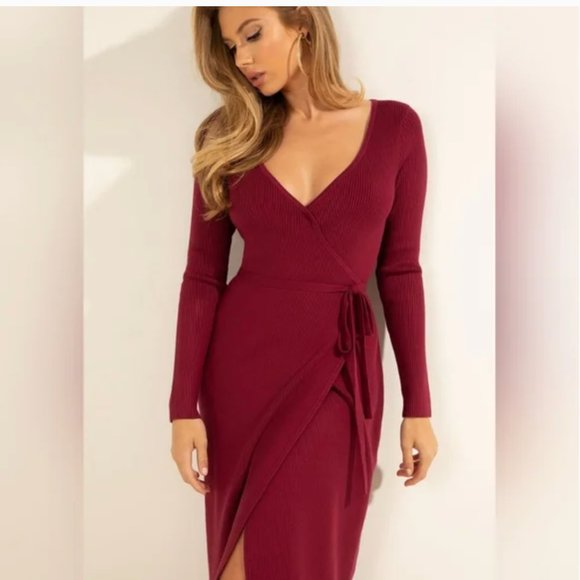 Guess Everly Red Ribbed Knit Wrapover Dress Size M - Picture 2 of 8